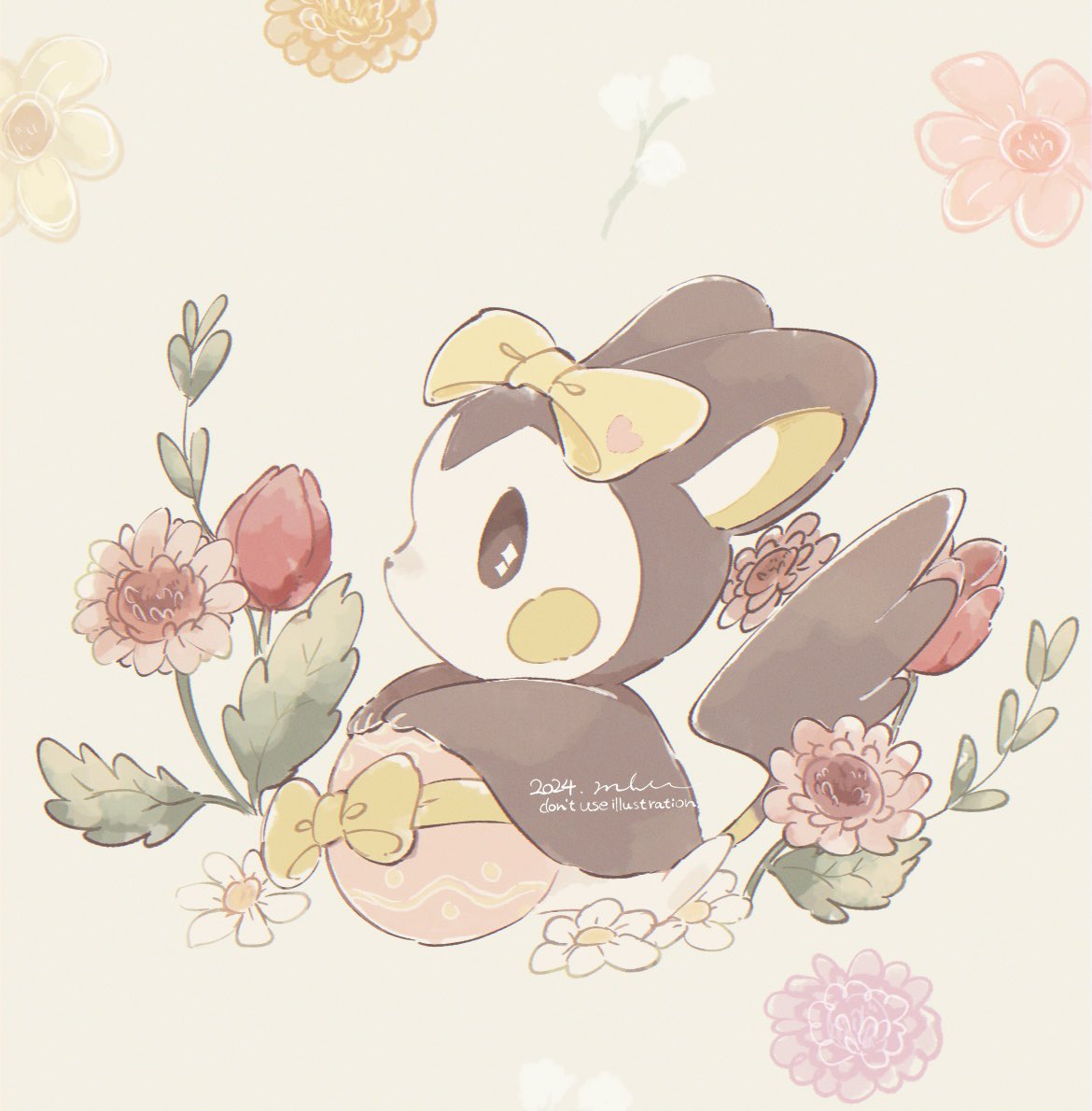 black_eyes bow dated easter easter_egg egg emolga flower from_side mkt_(buizu-miki) no_humans pink_flower pokemon pokemon_(creature) rose signature solo white_flower yellow_bow