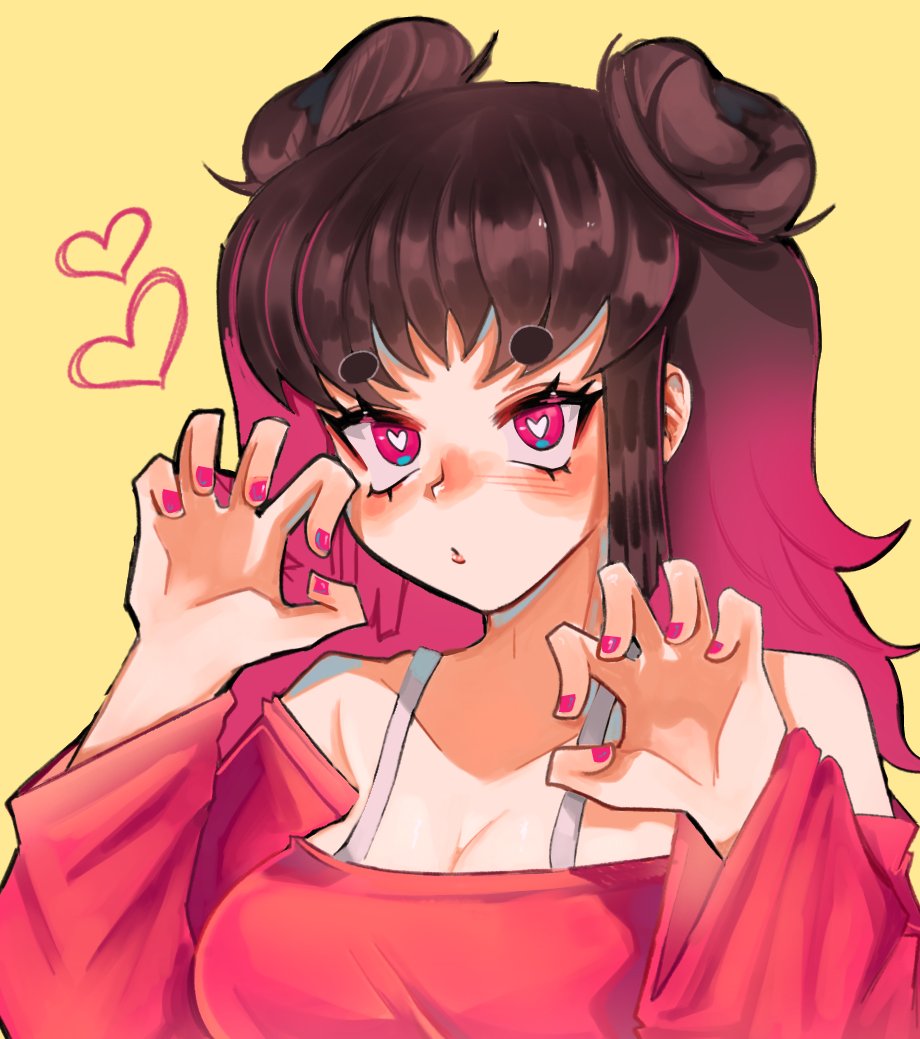 1girl :o bare_shoulders braid braided_bangs breasts brown_hair claw_pose collarbone double_bun eyelashes eyeshadow hair_bun heart heart_in_eye jouken1douji long_hair long_sleeves looking_at_viewer makeup multicolored_hair nail_polish original parted_lips pink_eyes pink_hair pink_nails red_shirt shiny_skin shirt short_eyebrows simple_background solo symbol_in_eye upper_body yellow_background