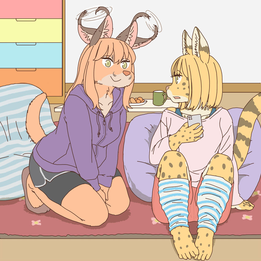 anthro barefoot caracal_(genus) clothed clothing duo ekaki510 electronics feet felid feline female kemono mammal phone serval tail