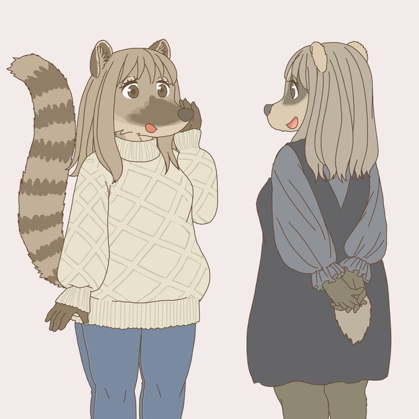 1:1 anthro badger clothed clothing coati duo ekaki510 female japanese_badger kemono mammal meles mustelid musteline procyonid snout sweater tail topwear