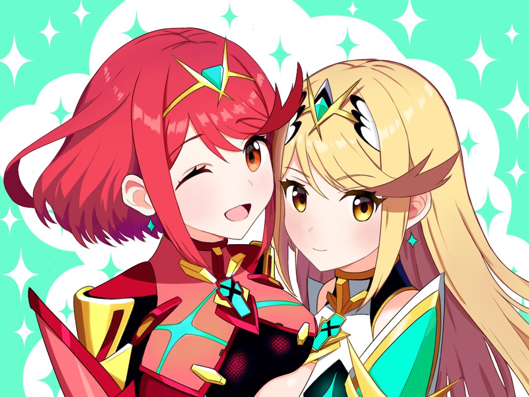 2girls ;d asymmetrical_docking bare_shoulders blonde_hair blush breast_press breasts cleavage closed_mouth earrings headpiece jewelry large_breasts long_hair looking_at_viewer multiple_girls mythra_(xenoblade) one_eye_closed open_mouth plum_ssbu pyra_(xenoblade) red_eyes red_hair short_hair smile swept_bangs tiara upper_body xenoblade_chronicles_(series) xenoblade_chronicles_2 yellow_eyes