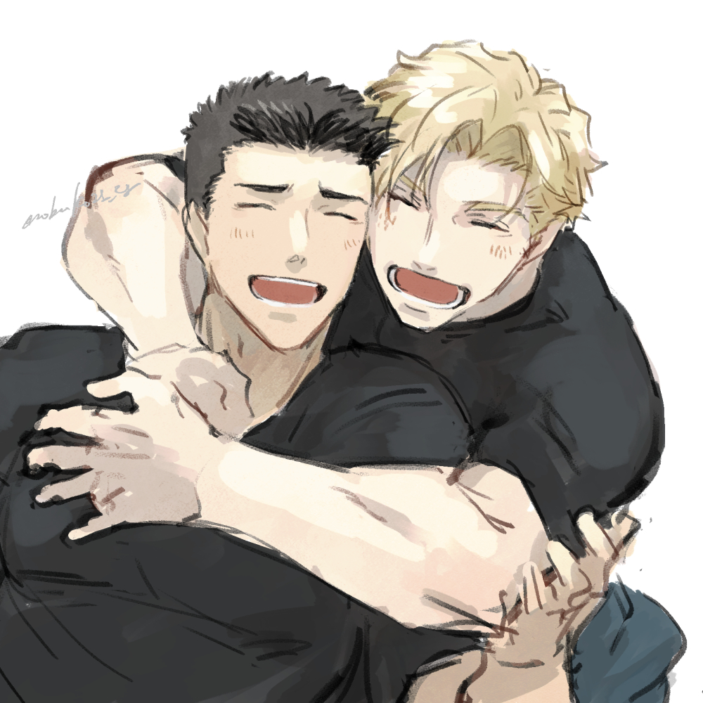 2boys ao_isami artist_request black_hair blonde_hair couple facial_hair happy heads_together hug hug_from_behind lewis_smith male_focus multiple_boys pectorals shirt sideburns_stubble stubble t-shirt thick_eyebrows unfinished upper_body yaoi yuuki_bakuhatsu_bang_bravern