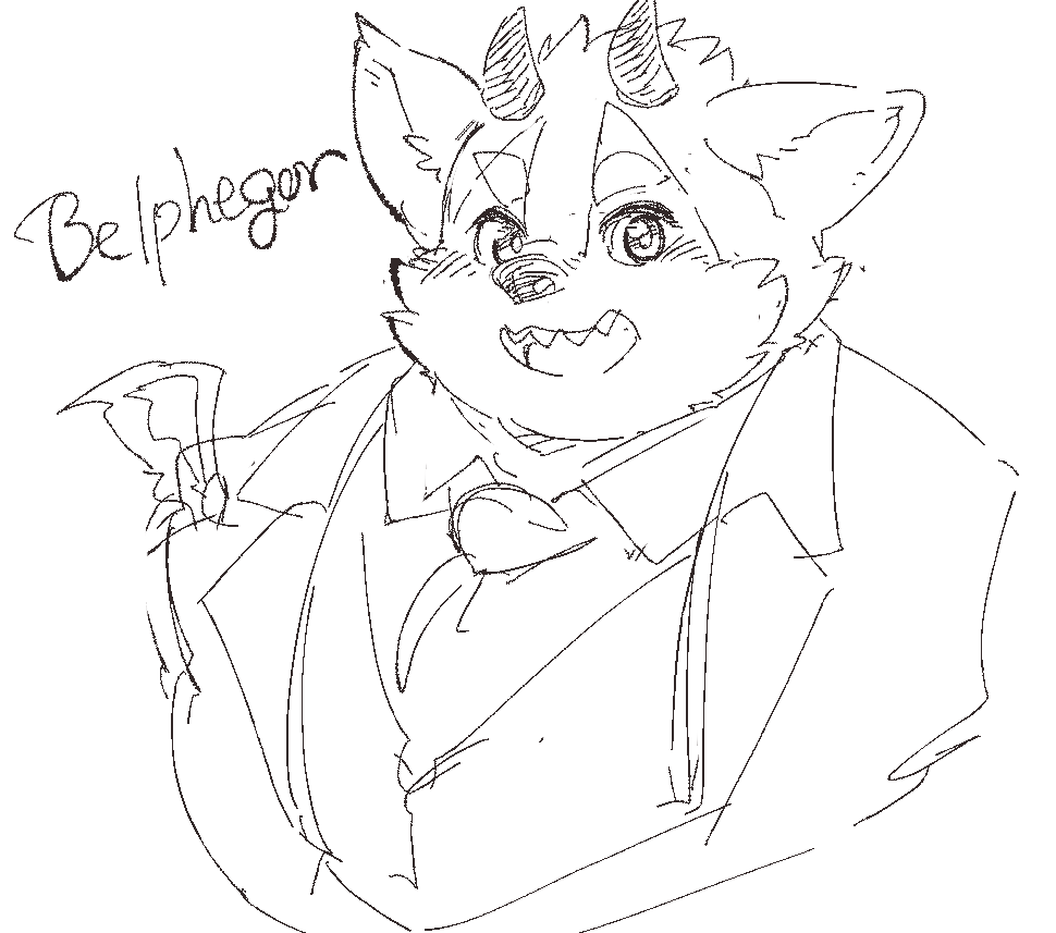 anthro belphegor_(tas) blush bust_portrait demon english_text exe_exem eyebrows horn lifewonders male necktie portrait sharp_teeth sketch smile solo teeth text thick_eyebrows tokyo_afterschool_summoners