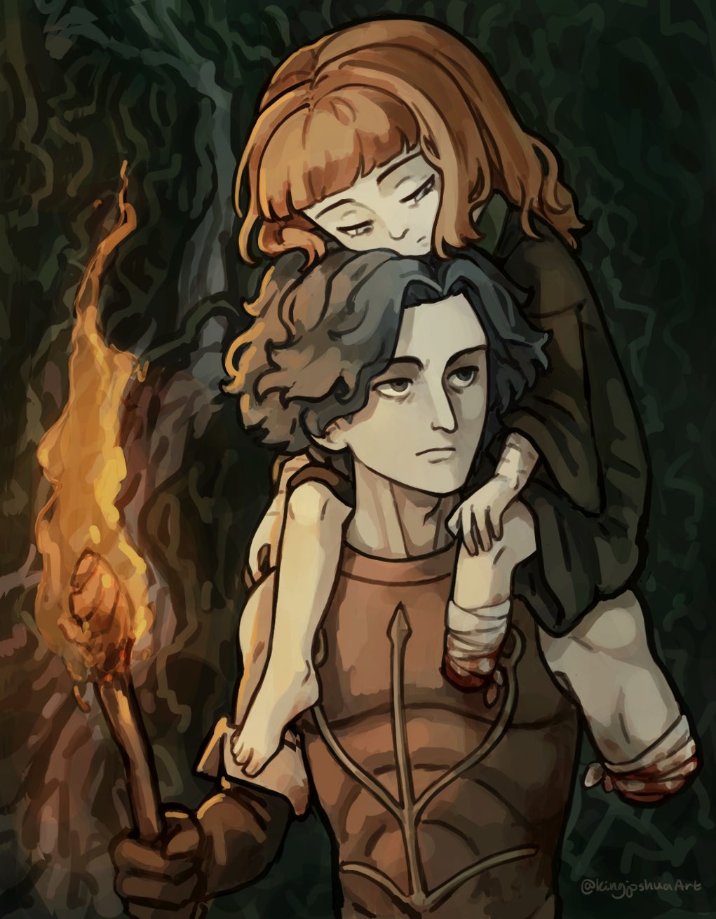 1boy 1girl amputee bandaged_arm bandaged_leg bandages bare_shoulders barefoot black_hair black_robe blood cahara_(fear_&amp;_hunger) carrying child commentary fear_&amp;_hunger highres kingjoshua looking_to_the_side medium_hair orange_hair piggyback robe scar scar_on_arm sleeveless the_girl_(fear_&amp;_hunger) torch twitter_username upper_body