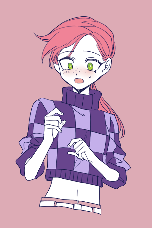 1boy blush checkered_clothes commentary_request cropped_sweater cropped_torso freckles green_eyes jojo_no_kimyou_na_bouken long_hair male_focus midriff navel open_mouth pink_background pink_hair ponytail sempon_(doppio_note) solo sweatdrop sweater turtleneck turtleneck_sweater upper_body vento_aureo vinegar_doppio