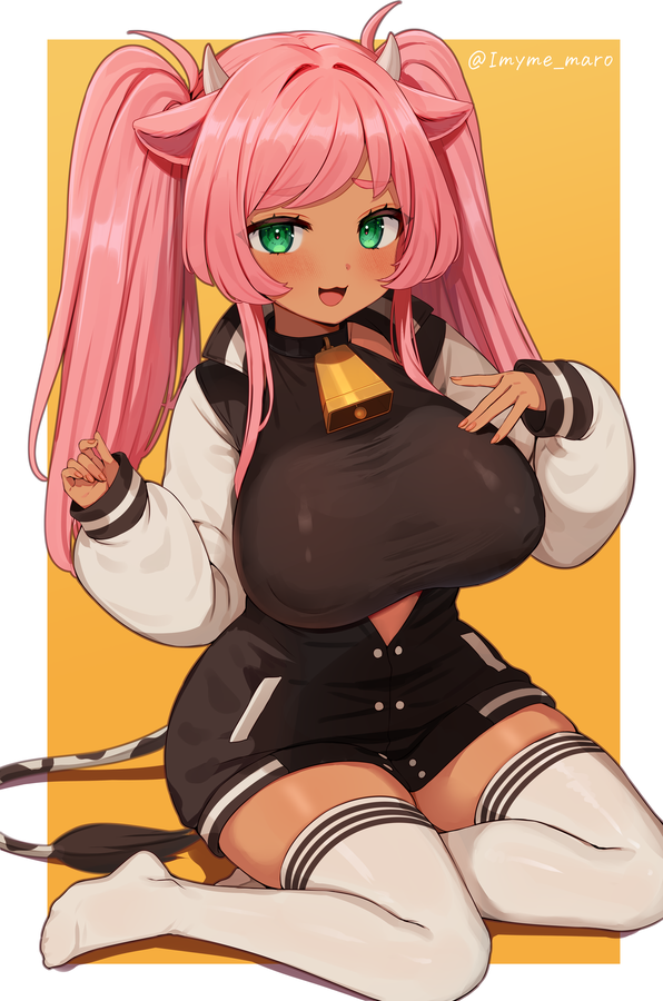 1girl :3 animal_ears bell black_shirt blush border borrowed_character breasts buttons covered_nipples cow_ears cow_girl cow_horns cow_tail cowbell dark-skinned_female dark_skin furrowed_brow green_eyes hand_on_own_chest hands_up horns jacket large_breasts long_hair long_sleeves looking_at_viewer marota nail_polish neck_bell no_shoes open_clothes open_jacket open_mouth original outside_border partially_unbuttoned pink_hair pink_nails puffy_long_sleeves puffy_sleeves shirt sidelocks simple_background sitting skindentation sleeves_past_wrists small_horns smile solo swept_bangs tail thighhighs tight_clothes tight_shirt twintails white_sleeves white_thighhighs yellow_background yokozuwari zettai_ryouiki