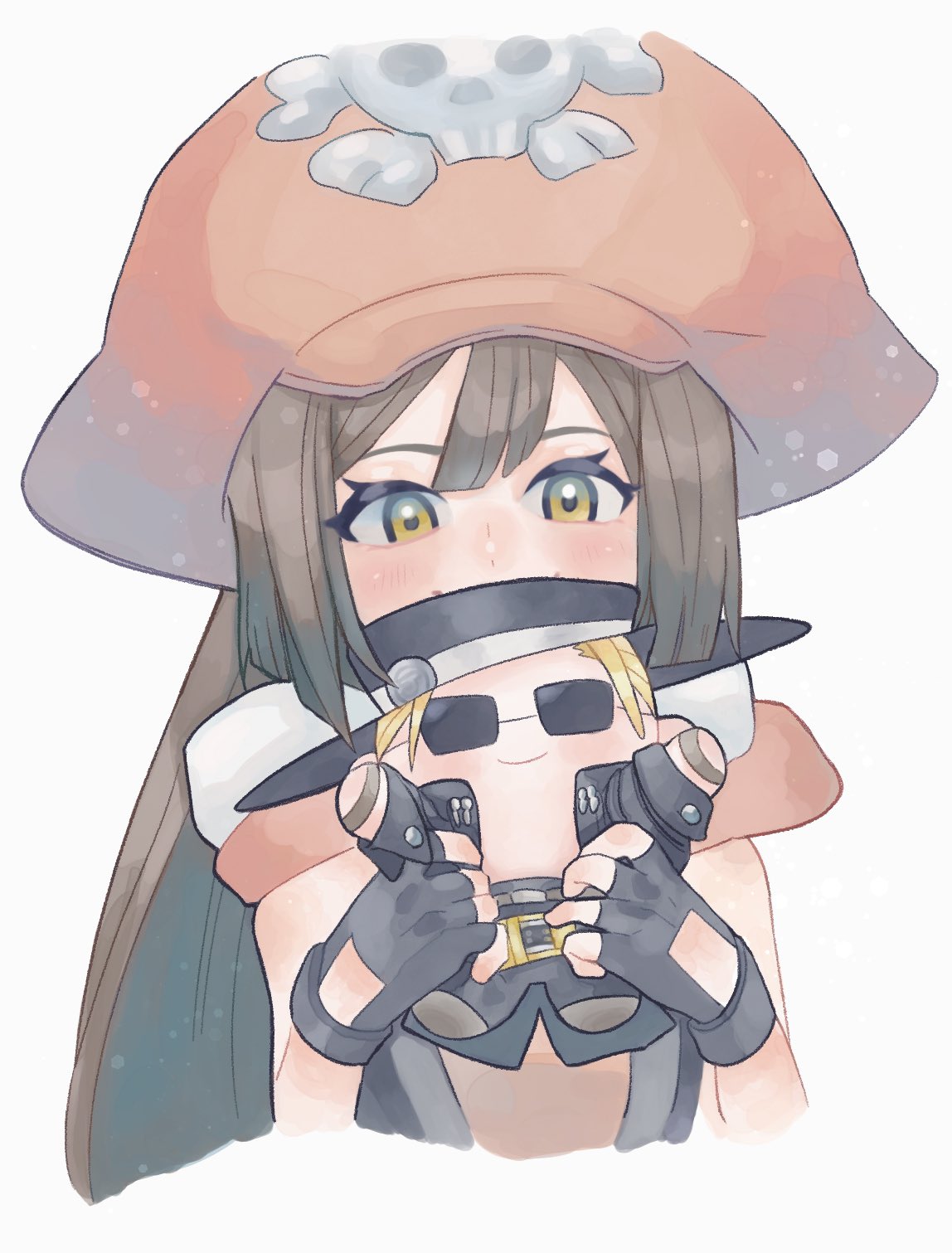 1girl black_gloves brown_hair cabbie_hat fingerless_gloves gloves guilty_gear guilty_gear_xrd hat hat_ornament highres johnny_(guilty_gear) ky4274 long_hair looking_at_viewer may_(guilty_gear) orange_hat pirate_hat skull_and_crossbones skull_hat_ornament upper_body yellow_eyes