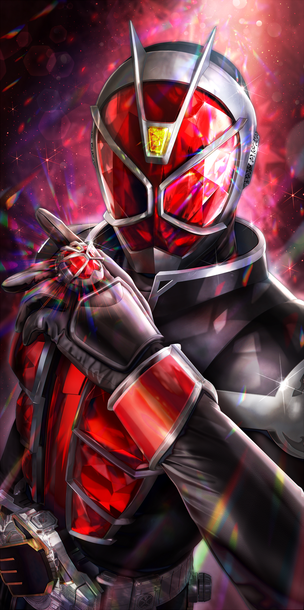 1boy armor belt black_gloves fire flame_style gem gloves highres jewelry kamen_rider kamen_rider_wizard kamen_rider_wizard_(series) male_focus mask masukudo_(hamamoto_hikaru) red_armor red_gemstone ring solo tailcoat tokusatsu wizard wizardriver