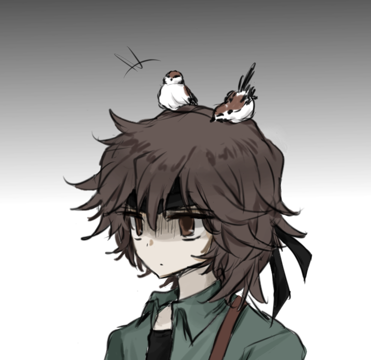 1other androgynous animal_on_head bird bird_on_head black_shirt brown_eyes brown_hair chinese_commentary collared_shirt commentary_request green_shirt kurohebi len'en needless_(toyaco) on_head open_clothes open_shirt other_focus pecking portrait shirt short_hair solo sparrow turn_pale