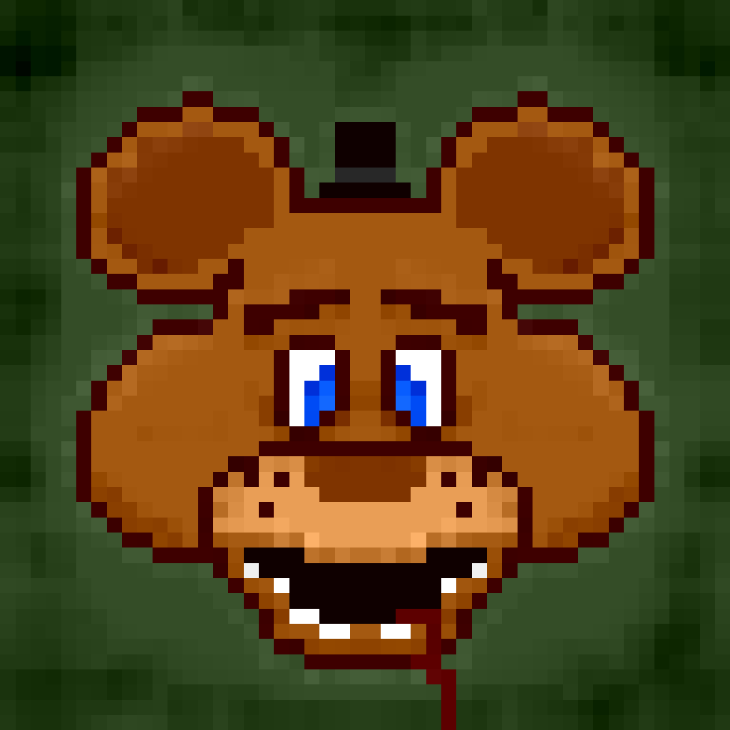 animatronic anthro bear big_cheeks big_ears black_clothing black_hat black_headwear black_mouth blood blood_from_mouth blood_in_mouth blood_on_face blue_eyes bodily_fluids brown_body brown_fur clothing digital_media_(artwork) five_nights_at_freddy's floating_head freckles freckles_on_face freddy_(fnaf) frumosuniverse fur glowing green_background hat headgear headshot_portrait headwear machine male mammal pixel_(artwork) portrait robot scottgames simple_background smile solo solo_focus teeth top_hat