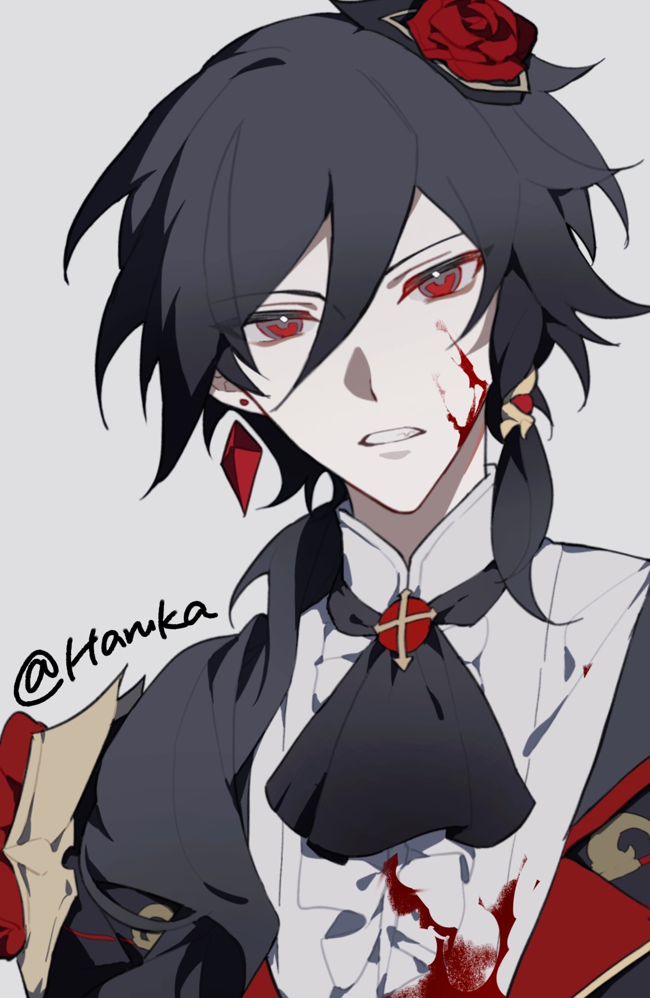 1boy black_hair black_jacket blood blood_on_clothes blood_on_face commentary_request earrings flower fu_hua genderswap genderswap_(mtf) grey_background hair_between_eyes hair_flower hair_ornament haruka_(rsyaooooo) highres honkai_(series) honkai_impact_3rd jacket jewelry long_hair looking_at_viewer male_focus open_clothes open_jacket red_eyes red_flower red_rose rose shirt simple_background solo twitter_username upper_body white_shirt