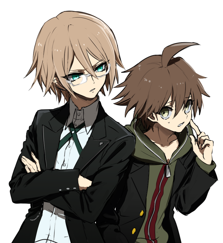 2boys ahoge black_jacket black_sleeves blazer blonde_hair blue_eyes brown_hair buttons coattails collarbone collared_jacket collared_shirt commentary_request danganronpa:_trigger_happy_havoc danganronpa_(series) finger_to_cheek fingernails furrowed_brow glasses green_eyes green_hood green_jacket green_necktie hair_between_eyes hand_on_own_arm height_difference high_collar hood hood_down jacket layered_sleeves long_sleeves looking_at_another male_focus multiple_boys naegi_makoto necktie parted_lips shirt short_hair simple_background sleeves_past_wrists sweatdrop tamaon teeth togami_byakuya upper_body white-framed_eyewear white_background white_shirt zipper zipper_pull_tab