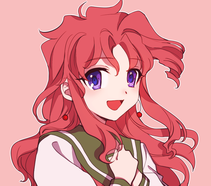 1girl cherry_earrings commentary_request earrings food-themed_earrings genderswap genderswap_(mtf) green_sailor_collar hands_on_own_chest jewelry jojo_no_kimyou_na_bouken kakyoin_noriaki long_hair open_mouth outline pink_background portrait purple_eyes red_hair sailor_collar school_uniform sempon_(doppio_note) serafuku smile solo stardust_crusaders wavy_hair