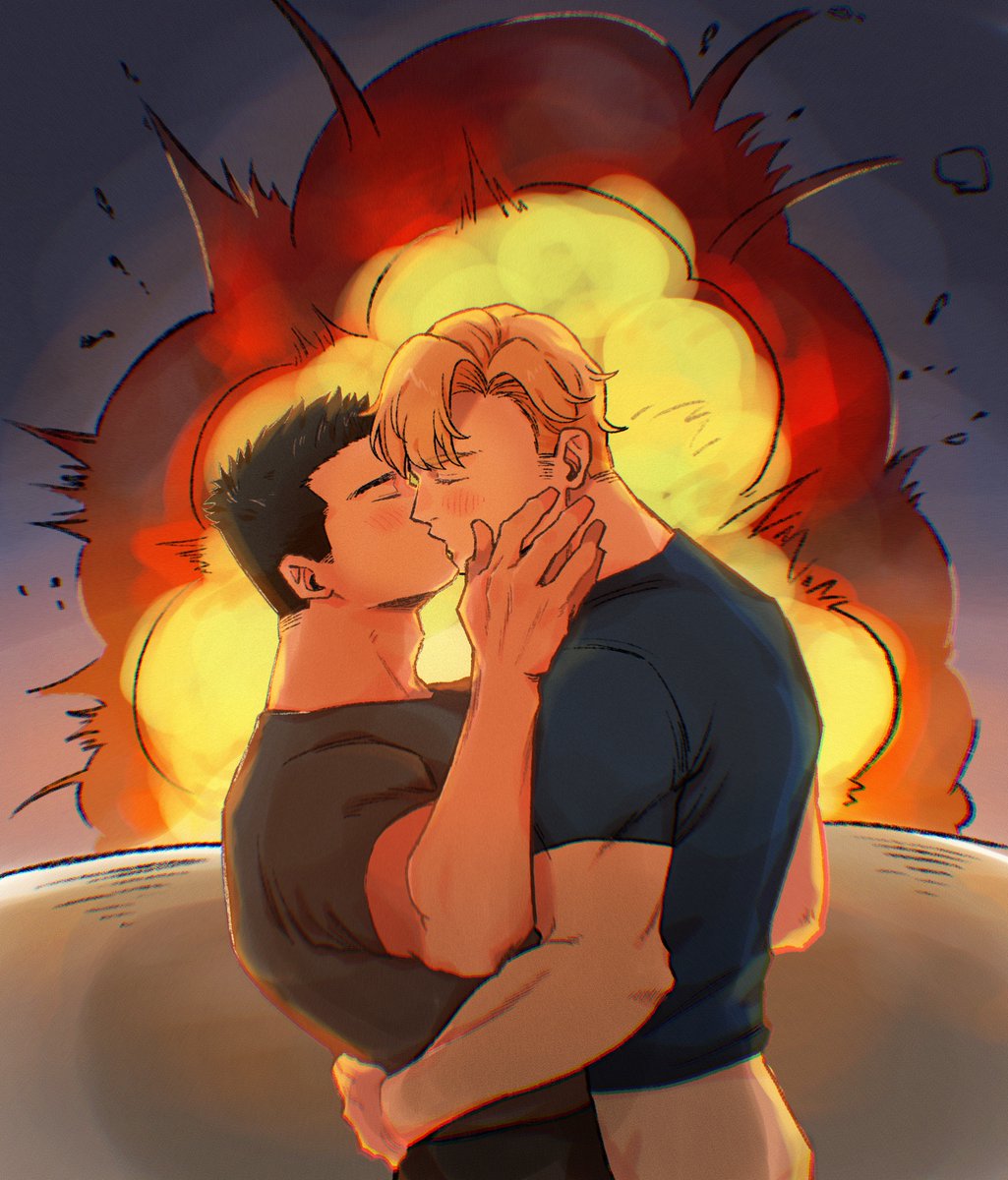 2boys ao_isami black_hair blonde_hair blush couple cowboy_shot explosion facial_hair from_side highres hug interracial kiss lewis_smith male_focus multiple_boys profile sideburns_stubble stubble tata3_193 thick_eyebrows yaoi yuuki_bakuhatsu_bang_bravern