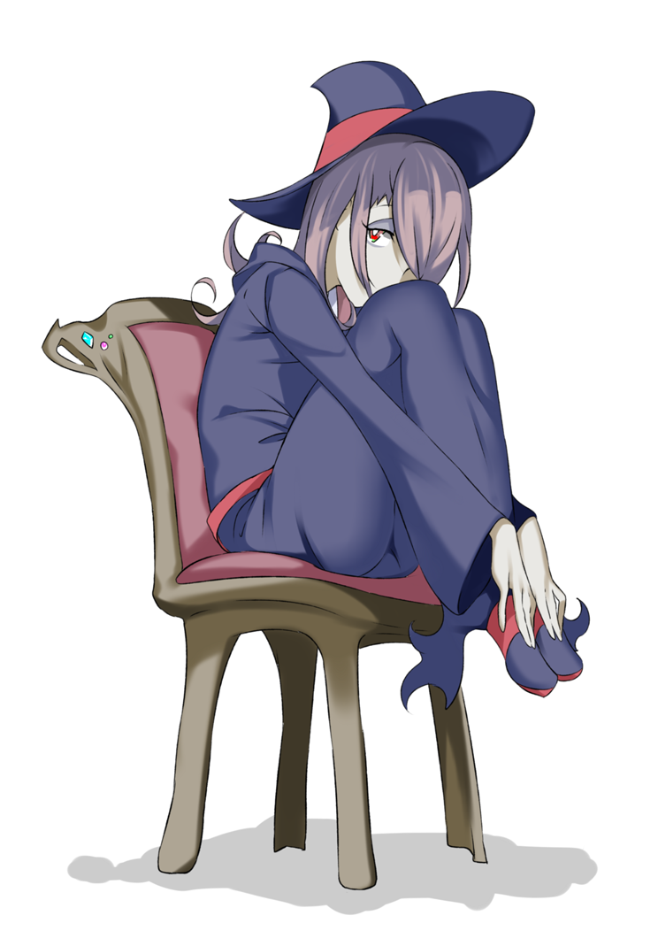 1girl blue_dress blue_footwear blue_hat brown_hair chair commentary covered_mouth dress full_body hair_over_one_eye hat hugging_own_legs little_witch_academia long_hair looking_at_viewer matsu-jun pale_skin red_eyes shadow simple_background sitting solo sucy_manbavaran white_background witch witch_hat