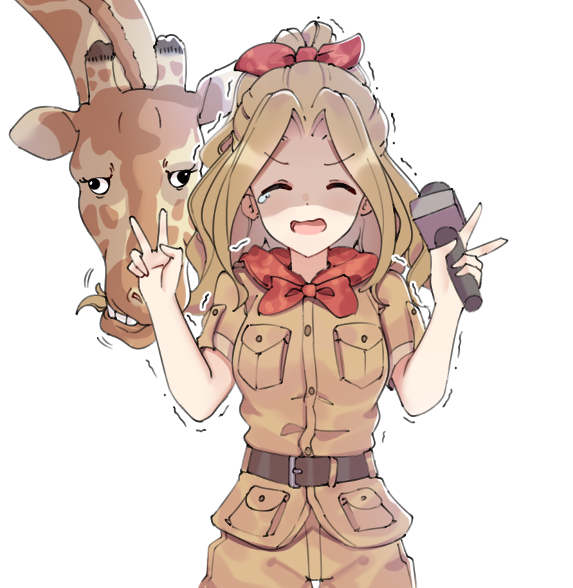 1girl aa211108 animal belt belt_buckle breasts brown_belt brown_pants brown_shirt buckle closed_eyes cowboy_shot dot_nose double_v giraffe hair_ribbon high_ponytail holding holding_microphone idolmaster idolmaster_million_live! idolmaster_million_live!_theater_days medium_breasts microphone neckerchief nikaidou_chizuru open_mouth pants pocket red_neckerchief red_ribbon ribbon shaded_face shirt short_sleeves sidelocks simple_background solo straight-on teardrop tearing_up trembling v v-shaped_eyebrows wavy_hair wavy_mouth white_background