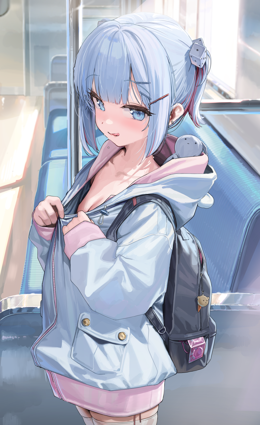 1girl :q alternate_hair_color backpack bag bag_charm blue_eyes blue_hair blue_jacket blush breasts charm_(object) colored_inner_hair commentary condom condom_packet_strip condom_wrapper cowboy_shot day dice_hair_ornament ear_piercing flashing hair_ornament hairpin highres hood hooded_jacket indie_virtual_youtuber jacket jewelry kanzarin kanzarin_(vtuber) long_sleeves looking_at_viewer medium_hair multicolored_hair piercing pink_hair puffy_long_sleeves puffy_sleeves sidelocks small_breasts solo standing sunlight thighhighs tongue tongue_out train_interior two-tone_hair virtual_youtuber white_thighhighs