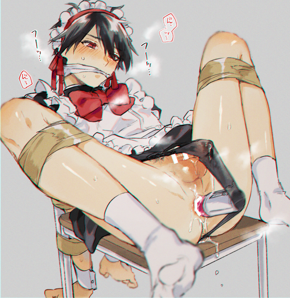 1boy anus apron ass black_hair black_panties blush bound bow bowtie commentary_request crossdressing cum cum_in_ass dildo erection frilled_apron frills full_body gagged grey_background kanro_ni knees_up maid_apron maid_headdress male_focus original otoko_no_ko panties penis red_bow red_bowtie red_eyes restrained sex_toy shiny_skin short_hair socks solo steam sweat tape tape_bondage testicles underwear white_socks