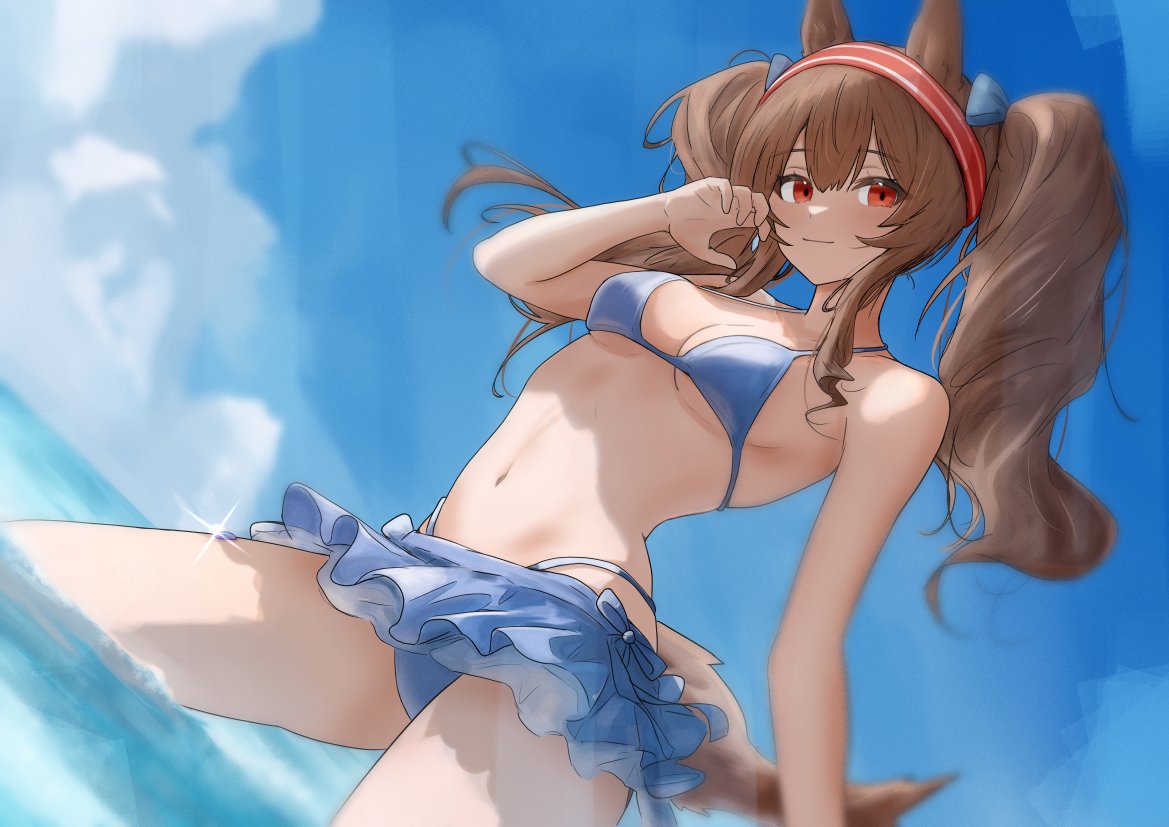 1girl alternate_costume angelina_(arknights) animal_ears arknights bare_shoulders bikini bikini_skirt blue_bikini blue_sky blurry breasts brown_hair closed_mouth commentary depth_of_field dutch_angle fox_ears fox_girl hairband hand_up long_hair looking_at_viewer medium_breasts navel ocean red_eyes red_hairband sky smile solo sora_mame_(princess_0sora) striped_clothes striped_hairband swimsuit symbol-only_commentary twintails wading