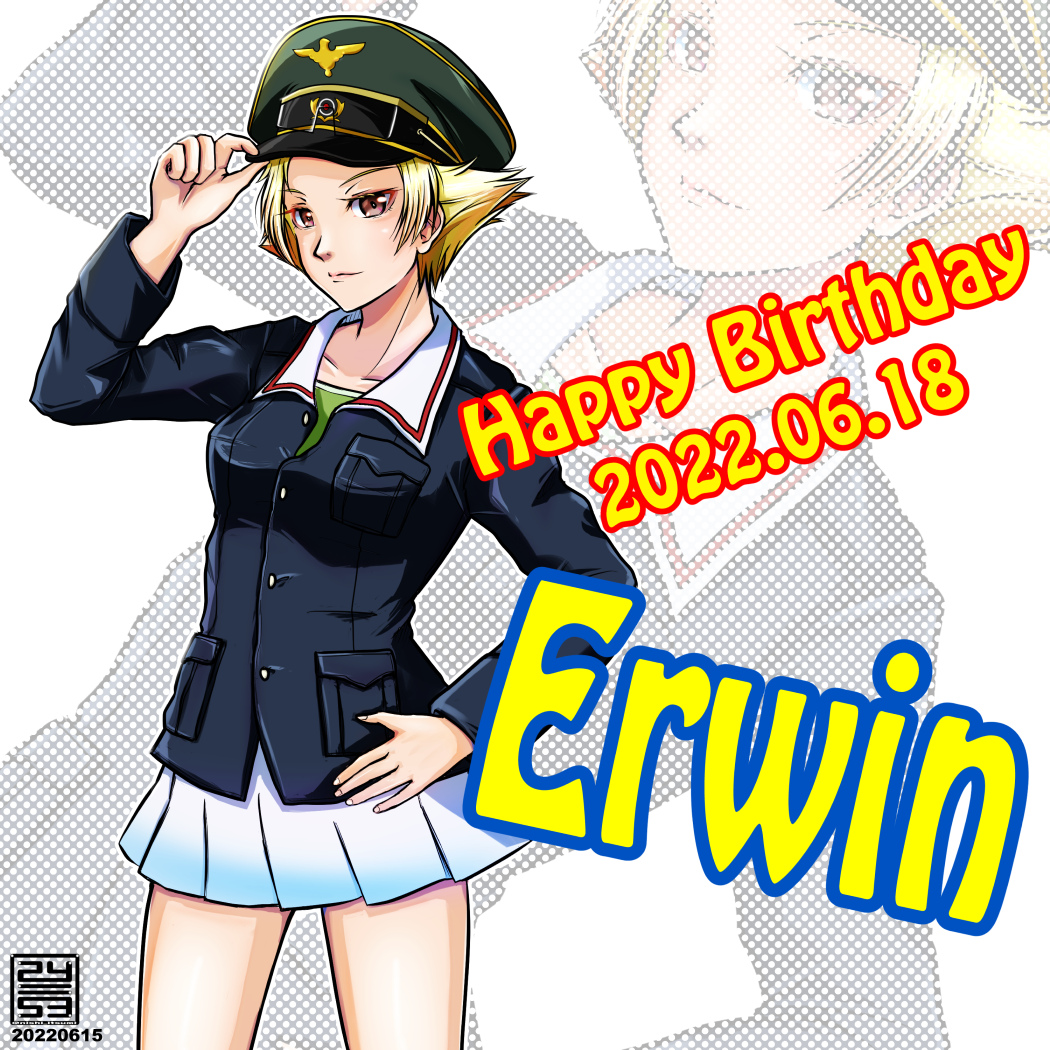 1girl adjusting_clothes adjusting_headwear artist_logo birthday blonde_hair blue_jacket brown_eyes character_name closed_mouth commentary dated english_text erwin_(girls_und_panzer) girls_und_panzer goggles goggles_on_headwear green_headwear green_shirt hand_on_hip happy_birthday hat jacket long_sleeves looking_at_viewer military military_hat military_uniform miniskirt nishi_itsumi ooarai_military_uniform peaked_cap pleated_skirt pointy_hair shirt short_hair skirt smile solo standing uniform white_skirt zoom_layer