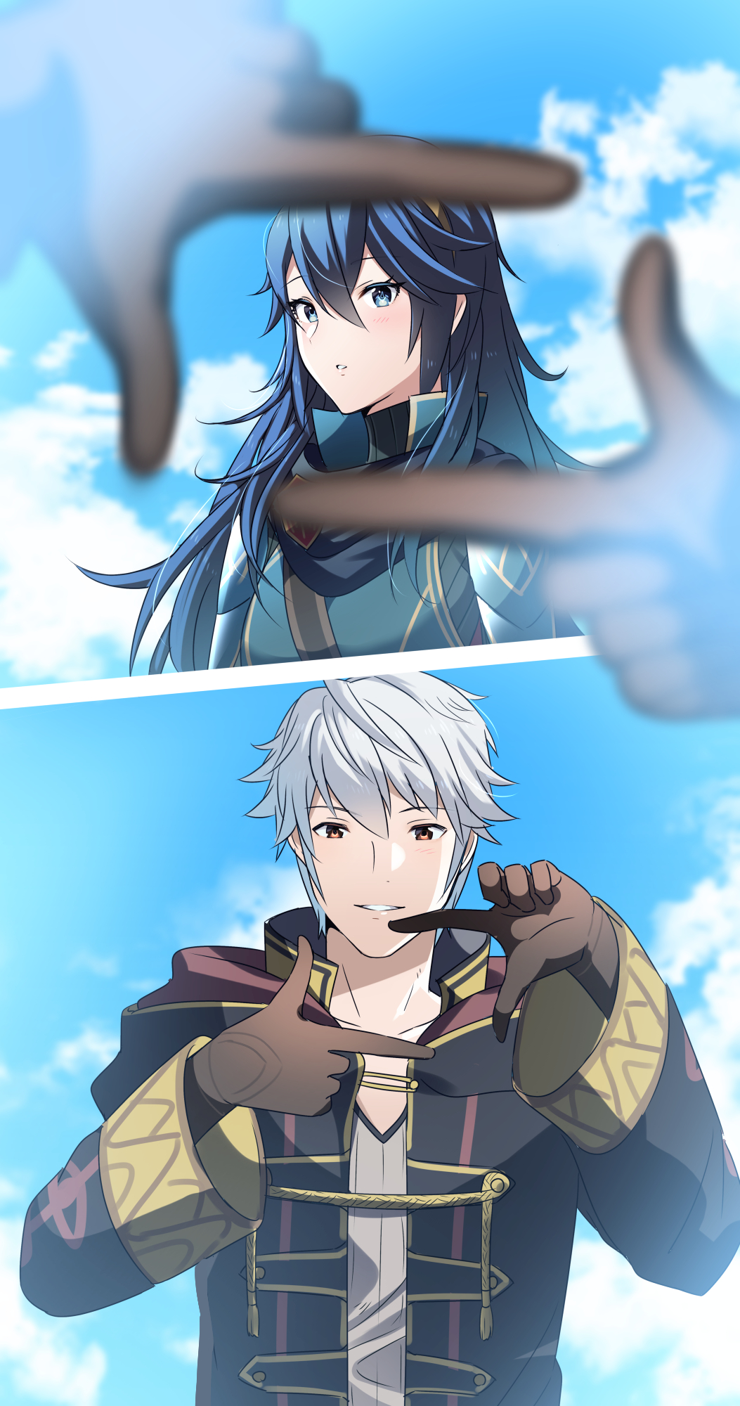 1boy 1girl ameno_(a_meno0) armor bangs black_coat black_gloves black_sweater blue_cape blue_eyes blue_hair blue_sky blush brown_eyes cape cloud coat collarbone commentary_request finger_frame fire_emblem fire_emblem_awakening gloves grey_shirt hair_between_eyes highres hood hood_down hooded_coat long_hair looking_at_viewer lucina_(fire_emblem) open_clothes open_coat pov pov_finger_frame robin_(fire_emblem) robin_(fire_emblem)_(male) shirt short_hair shoulder_armor sky smile sweater tiara turtleneck turtleneck_sweater upper_body white_hair