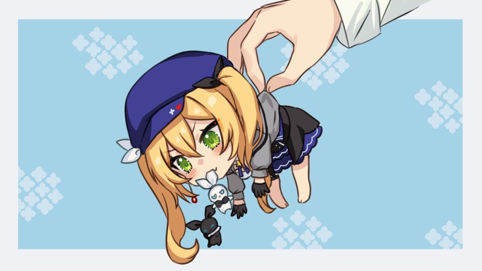 1girl 1other bao_bao_(dokibird) barefoot black_gloves blonde_hair blue_background blue_hat blue_skirt chibi dokibird_(vtuber) earrings fang gloves green_eyes grey_jacket indie_virtual_youtuber jacket jewelry long_hair mei_mei_(dokibird) mini_person minigirl mouth_hold single_earring skin_fang skirt solo_focus ten-chan_(eternal_s) twintails virtual_youtuber