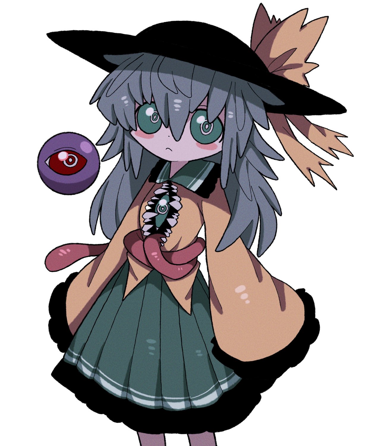 1girl black_hat blush bow closed_mouth cowboy_shot frilled_shirt_collar frilled_skirt frilled_sleeves frills frown green_eyes green_skirt grey_hair hat hat_bow highres komeiji_koishi long_hair looking_at_viewer red_eyes simple_background skirt solo sweater third_eye touhou very_long_sleeves white_background yellow_bow yellow_sweater zunusama