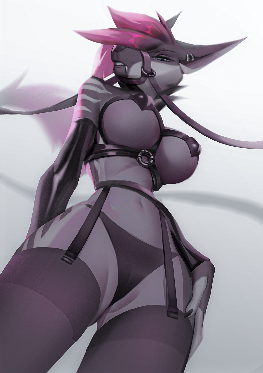 anthro black_clothing black_legwear black_panties black_underwear blue_eyes clothed clothing ear_piercing ear_ring fangs female glistening glistening_eyes grey_body grey_breasts hair hi_res leash legwear lingerie looking_at_viewer looking_down_at_viewer low-angle_view muzzle_(object) muzzled narrowed_eyes panties piercing pink_hair portrait ring_piercing shermugi simple_background skimpy solo species_request striped_arms stripes tail_tuft three-quarter_portrait tuft underwear white_background white_stripes