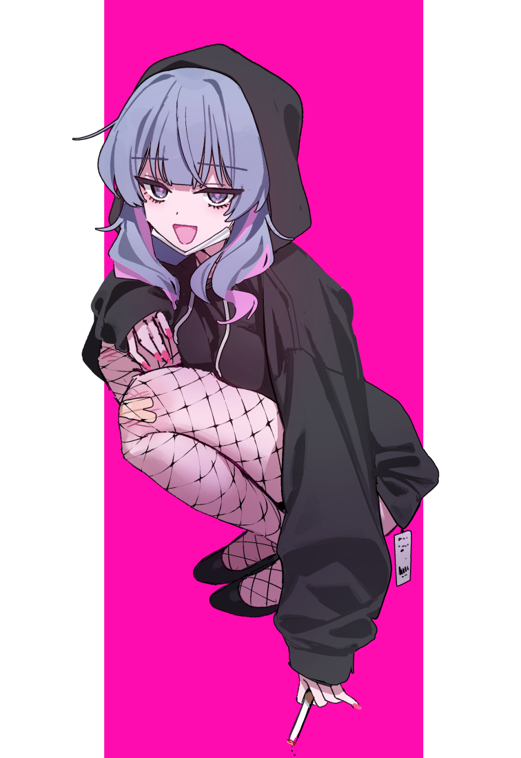 1girl black_jacket blue_eyes blue_hair blush breasts fishnet_pantyhose fishnets hatsune_miku hood hood_up hooded_jacket jacket long_sleeves looking_at_viewer medium_breasts medium_hair mx2j open_mouth pantyhose rabbit_hole_(vocaloid) smile solo squatting vocaloid