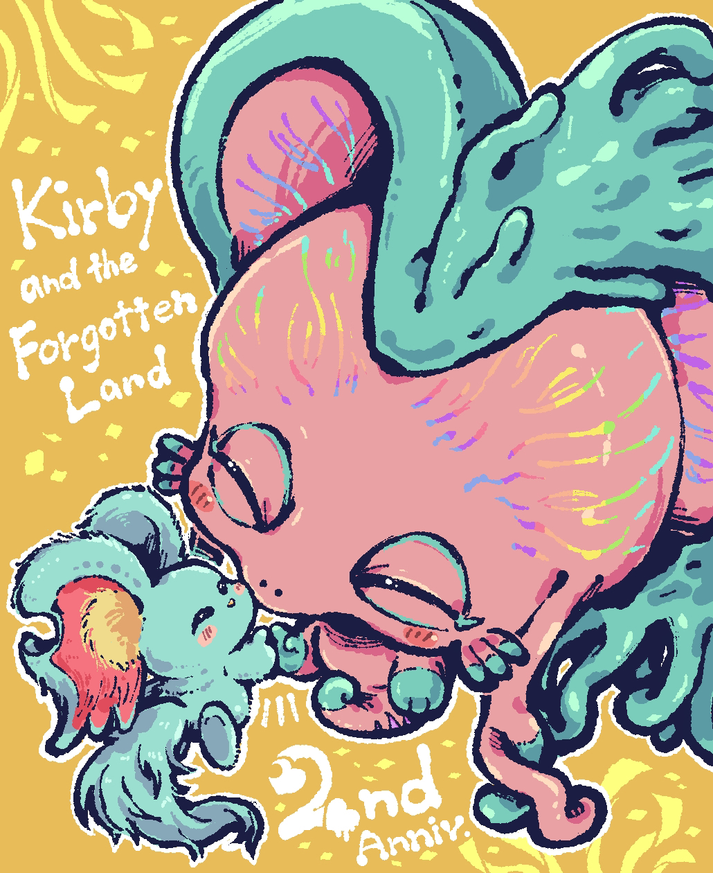 animal_ears anniversary blush_stickers closed_eyes commentary_request elfilin fecto_forgo fecto_forgo_(larva) highres kirby_(series) kirby_and_the_forgotten_land mouse_ears nanami_(13mimi) no_humans notched_ear tail yellow_background