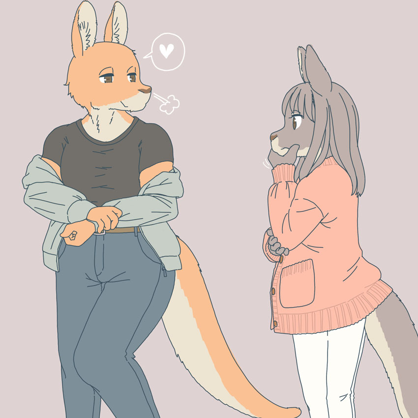 1:1 anthro clothed clothing courting duo ekaki510 female grey_kangaroo heart_symbol kangaroo kemono macropod male mammal marsupial presenting red_kangaroo tail