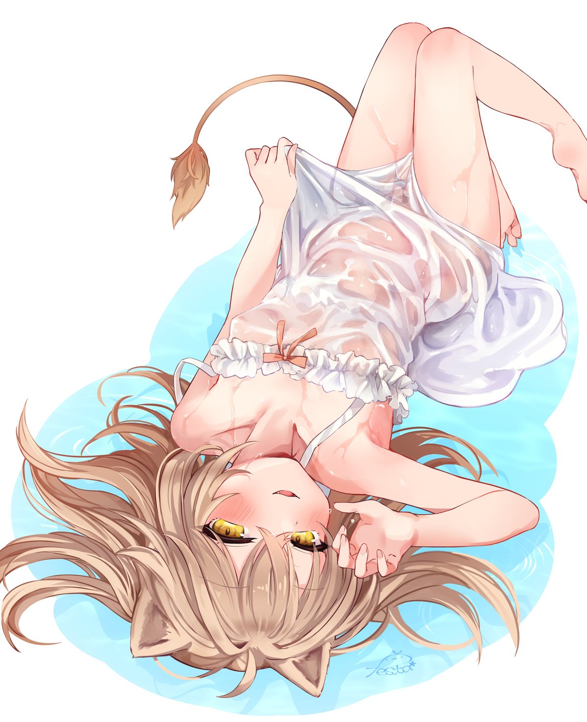 1girl animal_ears barefoot claw_pose covered_nipples dress festa11307070 flat_chest highres indie_virtual_youtuber light_brown_hair lion_ears lion_girl lion_tail long_hair looking_at_viewer lying on_back open_mouth rurudo_lion rurudo_lion_(1st_costume) see-through signature smile solo tail virtual_youtuber wet wet_clothes white_dress yellow_eyes