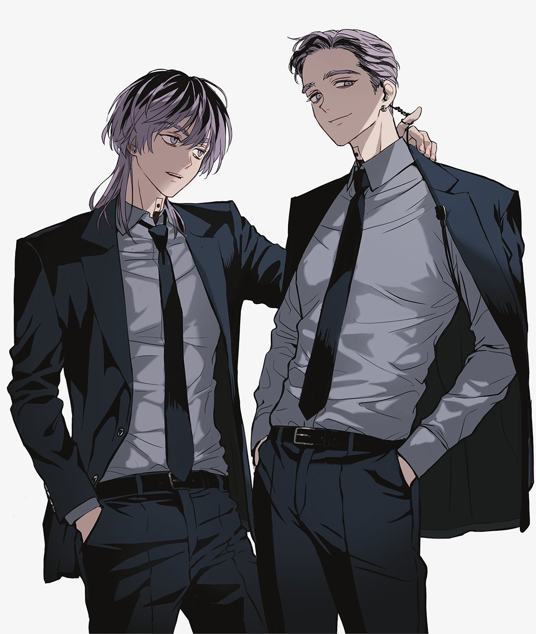 2boys belt black_belt black_jacket black_necktie black_pants black_suit closed_mouth collared_shirt cowboy_shot ear_piercing grey_shirt haitani_ran haitani_rindou hand_in_pocket hand_on_another's_shoulder hands_in_pockets highres jacket jacket_on_shoulders light_smile looking_at_another looking_at_viewer male_focus multicolored_hair multiple_boys neck_tattoo necktie open_clothes open_jacket pants parted_lips piercing purple_eyes purple_hair shirt simple_background standing streaked_hair suit tattoo teeth tokyo_revengers upper_teeth_only wawgwo wolf_cut