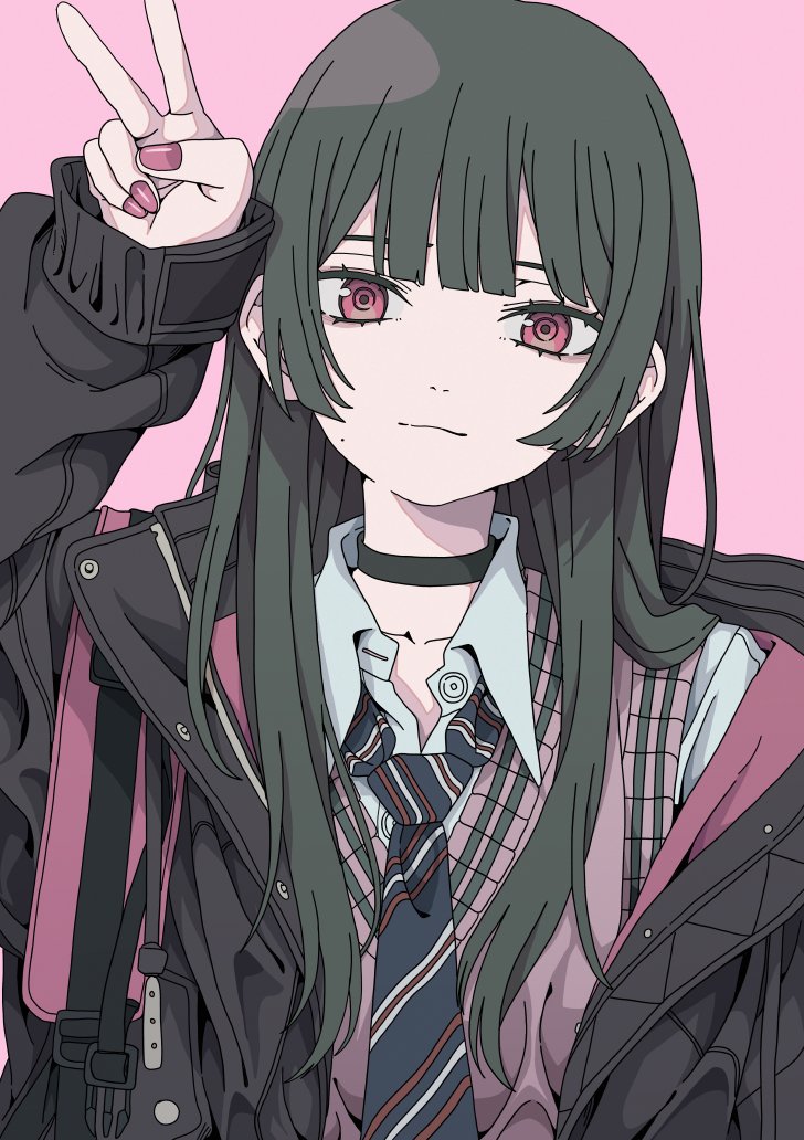 1girl black_choker black_hair black_jacket blue_necktie blunt_bangs blunt_sidelocks choker closed_mouth collarbone collared_shirt commentary_request diagonal-striped_clothes diagonal-striped_necktie haku_geroda hand_up hime_cut jacket light_smile long_hair looking_at_viewer loose_necktie mole mole_on_cheek necktie open_clothes open_collar open_jacket original pink_background pink_nails pink_sweater_vest pink_vest red_eyes school_uniform shirt shoulder_strap simple_background skirt sleeves_past_wrists solo striped_clothes sweater_vest thick_eyelashes upper_body v vest white_shirt white_skirt