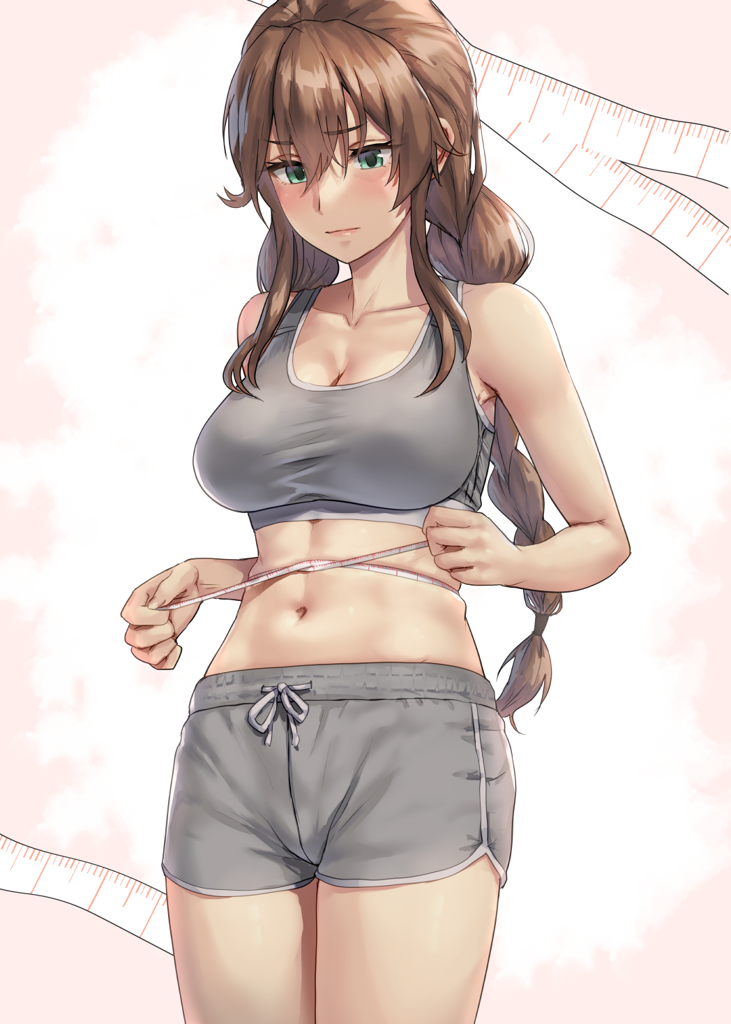 1girl bare_arms bare_shoulders blush braid breasts brown_hair cleavage closed_mouth collarbone commentary_request cowboy_shot green_eyes grey_shorts grey_sports_bra hair_between_eyes highres kantai_collection kokuzou large_breasts long_hair looking_down noshiro_(kancolle) short_shorts shorts simple_background solo sports_bra stomach tape_measure thighs twin_braids white_background