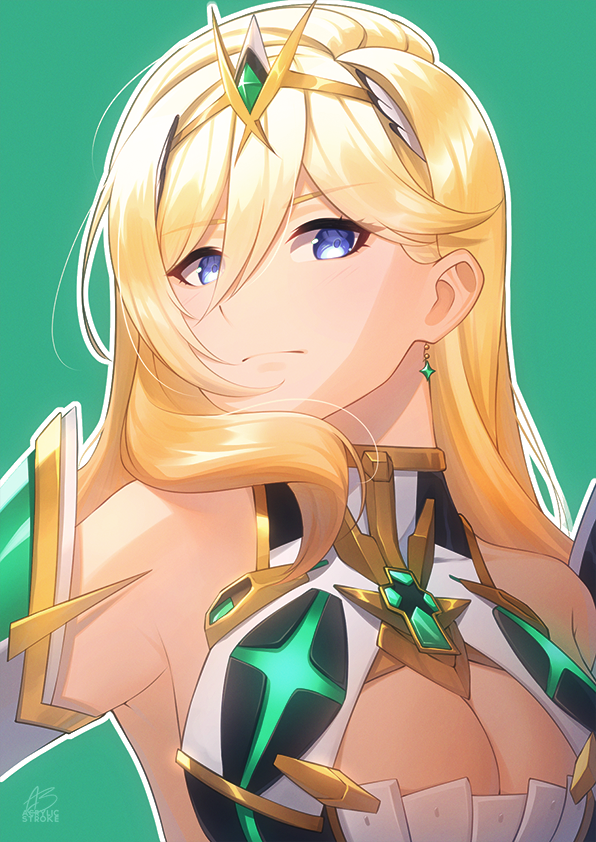 1girl acrylicstroke armpits artist_name bare_shoulders bianka_durandal_ataegina blonde_hair blue_eyes breasts circlet cleavage cleavage_cutout closed_mouth clothing_cutout commission commissioner_upload core_crystal_(xenoblade) cosplay dress earrings green_background honkai_(series) honkai_impact_3rd jewelry large_breasts look-alike looking_at_viewer mythra_(xenoblade) mythra_(xenoblade)_(cosplay) non-web_source outline signature simple_background solo upper_body watermark white_background white_dress white_outline xenoblade_chronicles_(series) xenoblade_chronicles_2