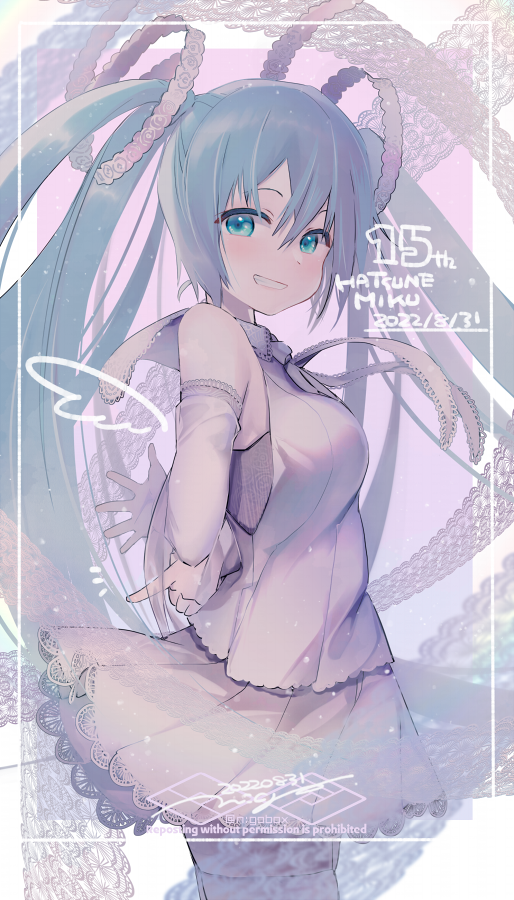 1girl anniversary arms_behind_back blue_eyes blue_hair character_name detached_sleeves drawn_wings english_text finger_counting from_side grey_necktie grey_shirt grey_skirt grin hair_between_eyes hatsune_miku long_hair looking_at_viewer n:go necktie shirt skirt smile solo twintails very_long_hair vocaloid