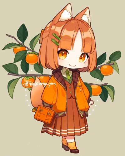 1girl animal_ears aona_(noraneko) bag blush chibi collared_shirt food food_request fox_ears fox_girl fox_tail fruit full_body hair_ornament hairclip jacket long_sleeves lowres necktie orange_hair original parted_bangs persimmon pleated_skirt shirt short_hair skirt smile socks solo tail