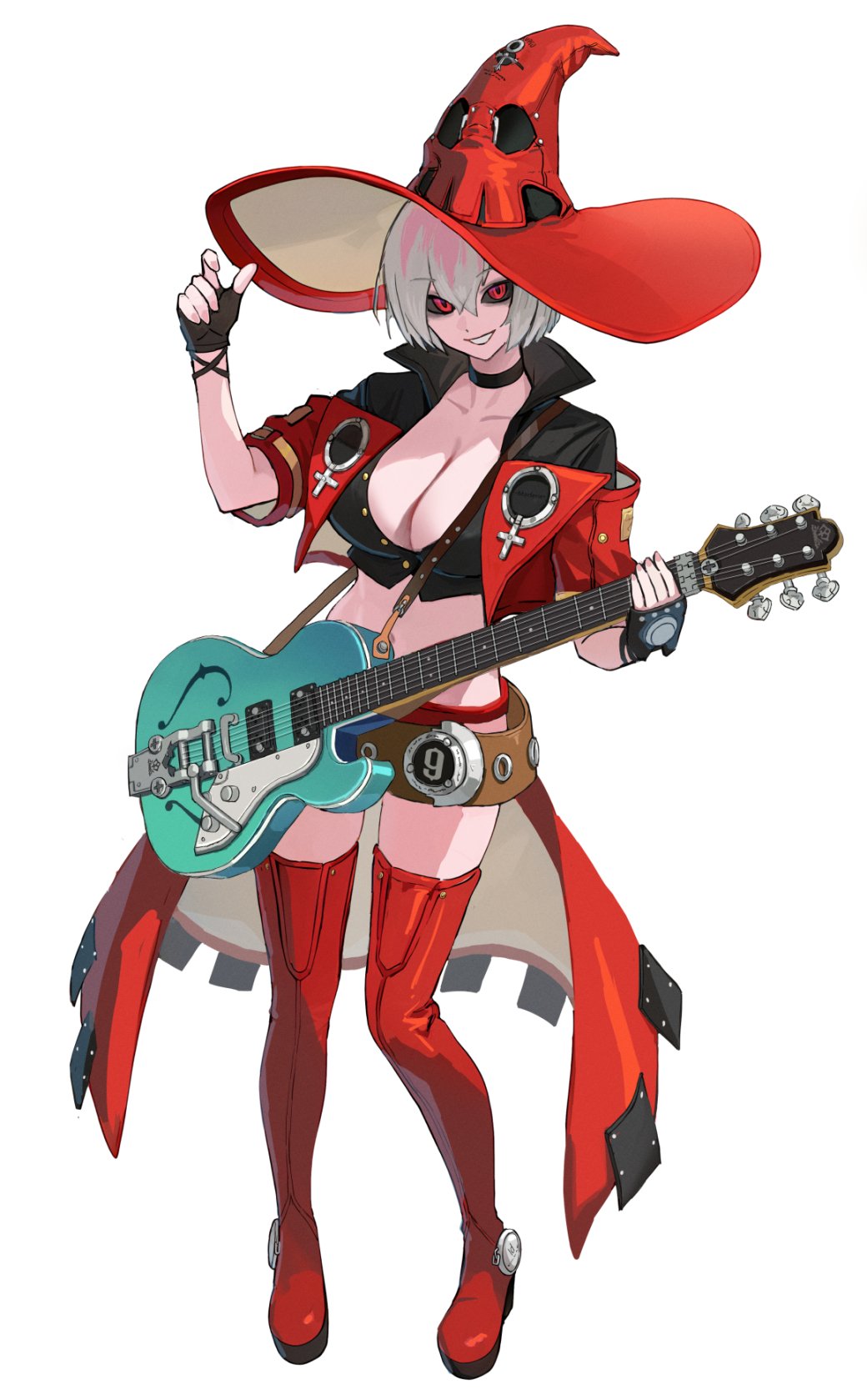 1girl alternate_eye_color alternate_hair_color black_choker black_gloves black_sclera boots breasts choker cleavage colored_sclera commission electric_guitar fingerless_gloves full_body gloves guilty_gear guilty_gear_strive guitar hat highres holding holding_guitar holding_instrument i-no instrument large_breasts looking_at_viewer mole mole_above_mouth music playing_instrument purple_z red_eyes red_footwear red_hat red_leather short_hair short_sleeves standing thigh_boots tinted_eyewear venus_symbol white_hair witch_hat