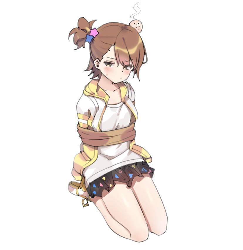 1girl aa211108 asymmetrical_bangs black_skirt blush bound breasts brown_hair collarbone dot_mouth dot_nose flipped_hair forehead futami_ami head_bump hood hoodie idolmaster idolmaster_(classic) idolmaster_million_live! idolmaster_million_live!_theater_days kneeling looking_at_viewer rope shirt short_hair side_ponytail simple_background skirt small_breasts solo sweat swept_bangs thighs tied_up_(nonsexual) two-tone_hoodie white_background white_footwear white_shirt yellow_hood yellow_hoodie