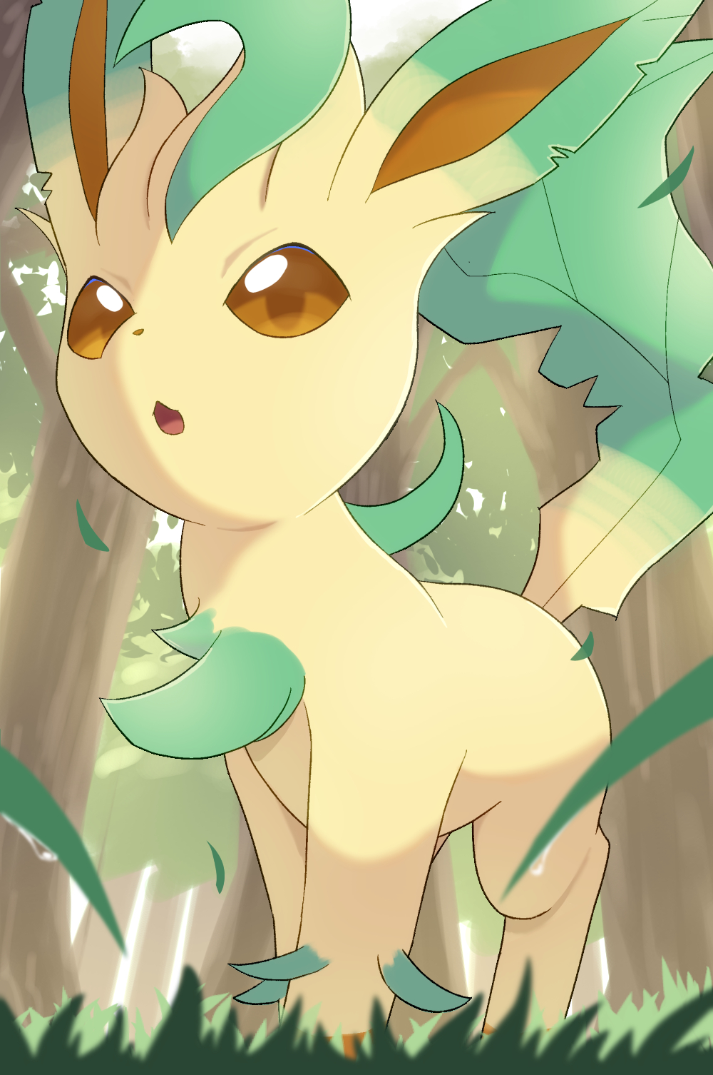 day falling_leaves grass highres leaf leafeon no_humans open_mouth outdoors pokemon pokemon_(creature) rumine_(yoshi1234567) solo tree