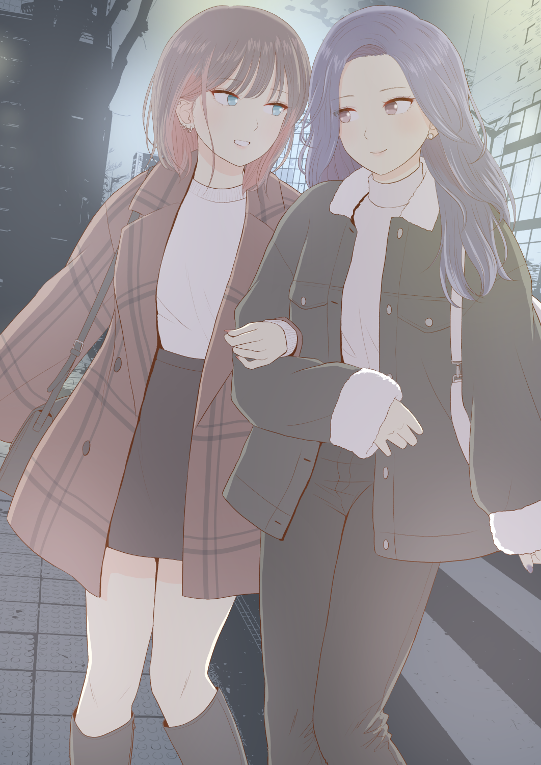 2girls bag black_jacket black_pants black_skirt blue_eyes brown_coat brown_eyes brown_hair building closed_mouth coat colored_inner_hair commentary crosswalk ear_piercing earrings eye_contact feet_out_of_frame handbag highres jacket jewelry locked_arms long_hair looking_at_another multicolored_hair multiple_girls open_clothes open_coat open_jacket original outdoors pants parted_lips piercing plaid plaid_coat purple_hair red_hair saone_kushima shirt shirt_tucked_in short_hair shoulder_bag skirt smile turtleneck turtleneck_shirt white_shirt yuri