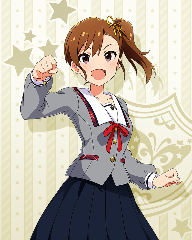 1girl :d asymmetrical_bangs black_skirt breasts brown_hair buttons clenched_hands collar collarbone cowboy_shot dot_nose eyelashes forehead futami_mami grey_serafuku grey_shirt hair_ribbon hand_up idolmaster idolmaster_(classic) idolmaster_million_live! idolmaster_million_live!_theater_days junior_high_schoolmate_(idolmaster) light_blush lone_nape_hair long_sleeves looking_at_viewer neck_ribbon official_alternate_costume official_art open_mouth plaid_collar pleated_skirt purple_eyes red_ribbon ribbon school_uniform serafuku shirt short_hair side_ponytail single_sidelock skirt small_breasts smile solo starry_background swept_bangs white_collar yellow_ribbon