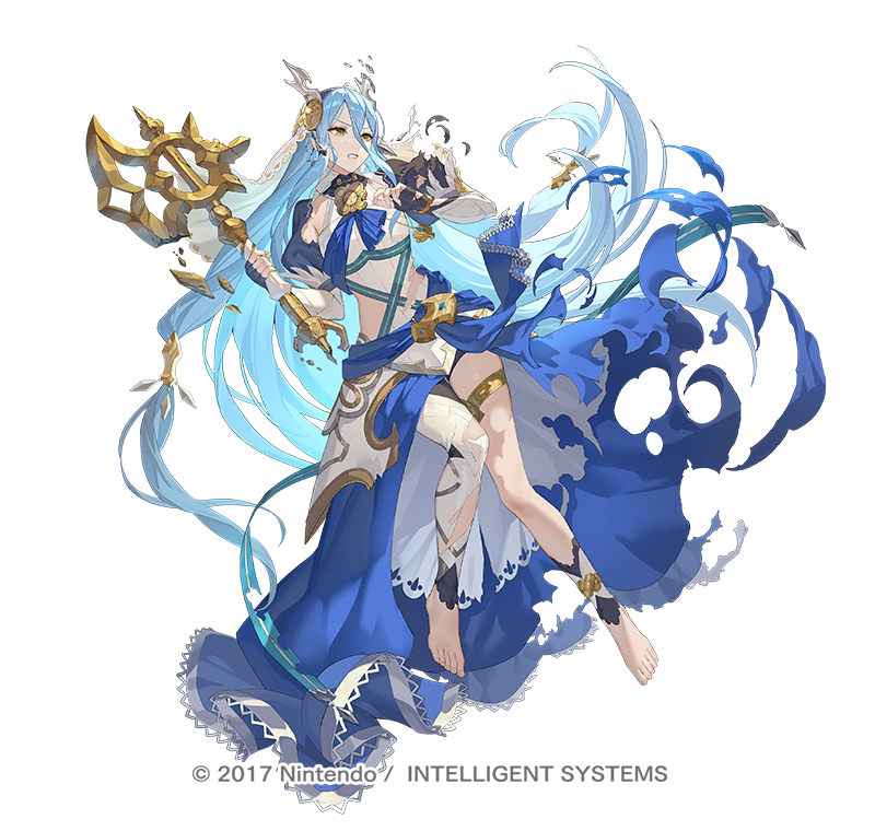 1girl asymmetrical_legwear axe azura_(fire_emblem) barefoot blue_hair dress elbow_gloves fake_horns fingerless_gloves fire_emblem fire_emblem_fates fire_emblem_heroes full_body gloves hair_between_eyes hairband horned_headwear horns jewelry juliet_sleeves long_hair long_sleeves official_art puffy_sleeves simple_background smile solo teffish torn_clothes veil very_long_hair white_veil yellow_eyes