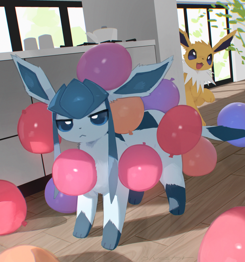 2024 ambiguous_gender balloon blue_body blue_ears blue_fur blue_tail eeveelution feral fur generation_1_pokemon generation_4_pokemon glaceon inflatable inside jolteon nagasaki_wonderful_polyester nintendo open_mouth pokemon pokemon_(species) quadruped shadow tail tongue white_body white_fur yellow_body yellow_ears yellow_fur