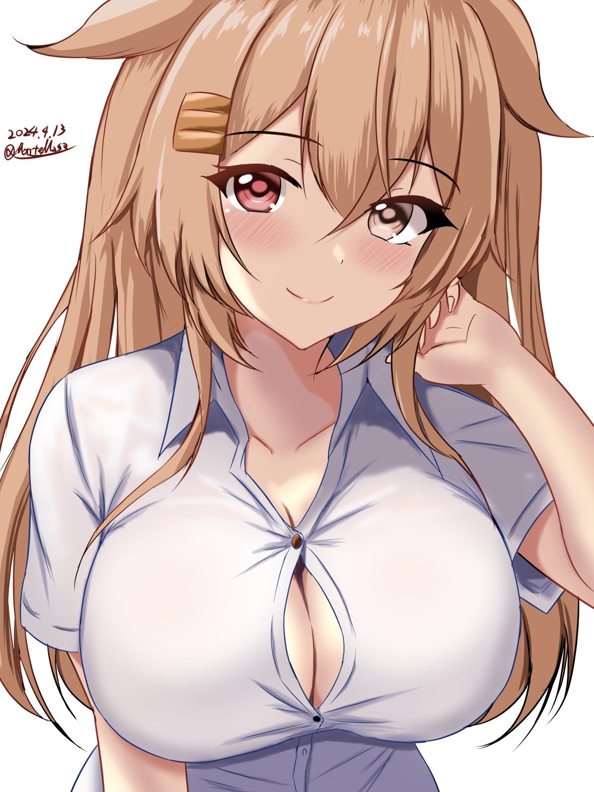 1girl black_ribbon blush breasts brown_eyes collarbone dated hair_between_eyes hair_flaps hair_ornament hair_ribbon hairclip heterochromia highres impossible_clothes impossible_shirt kantai_collection large_breasts light_brown_hair long_hair looking_at_viewer montemasa murasame_(kancolle) murasame_kai_ni_(kancolle) no_bra red_eyes ribbon shirt short_sleeves signature smile solo two_side_up upper_body white_shirt