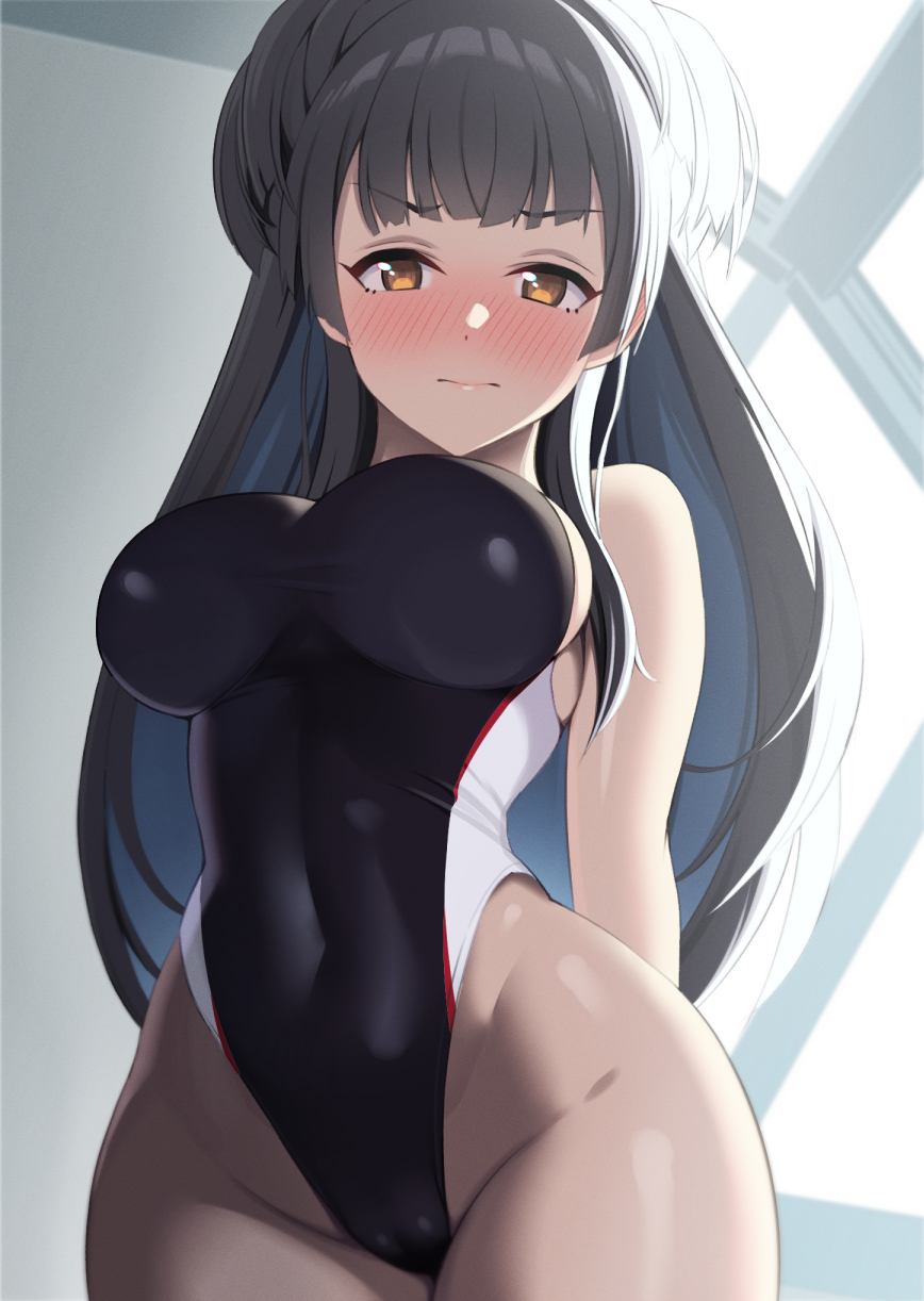 1girl arms_behind_back black_hair black_one-piece_swimsuit blunt_bangs breasts brown_eyes cameltoe chikuma_nao competition_swimsuit covered_navel cowboy_shot highleg highleg_swimsuit highres idolmaster idolmaster_shiny_colors large_breasts long_hair mayuzumi_fuyuko one-piece_swimsuit solo swimsuit two_side_up
