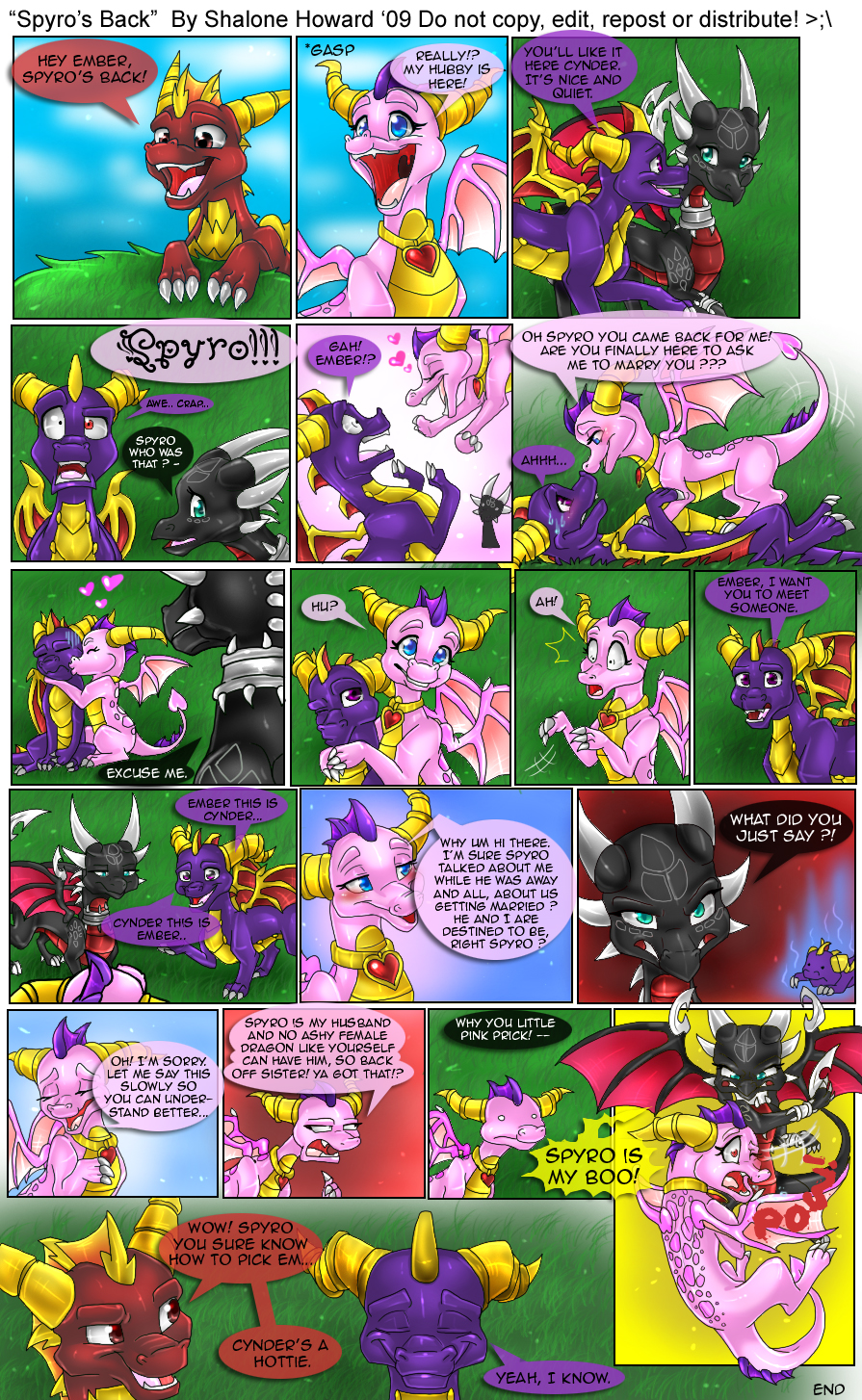 2009 2_horns activision angry blush comic cynder dated dialogue digital_media_(artwork) dragon ember_(spyro) english_text female feral fight flame_(spyro) flirting group harassment hi_res horn jealous jewelry male multi_horn mythological_creature mythological_scalie mythology necklace pinned pinned_to_ground scalie shalonesk signature speech_bubble spyro spyro_the_dragon tail text the_legend_of_spyro wings