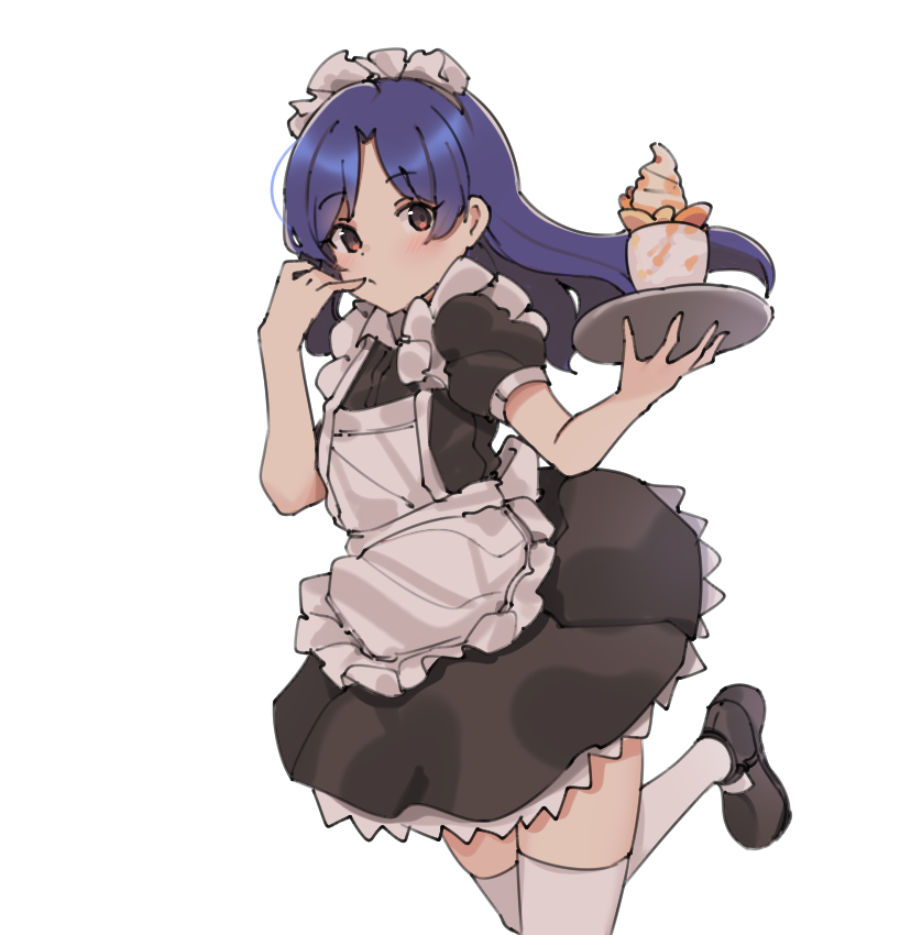 1girl aa211108 apron black_dress blue_hair blush brown_eyes cowboy_shot dot_mouth dot_nose dress flat_chest frilled_apron frills hand_to_own_mouth idolmaster idolmaster_(classic) idolmaster_million_live! idolmaster_million_live!_theater_days kisaragi_chihaya loafers long_hair looking_at_viewer maid maid_apron maid_headdress parfait parted_bangs petticoat serving shoes sidelocks simple_background solo standing standing_on_one_leg straight_hair thighhighs white_background white_thighhighs zettai_ryouiki