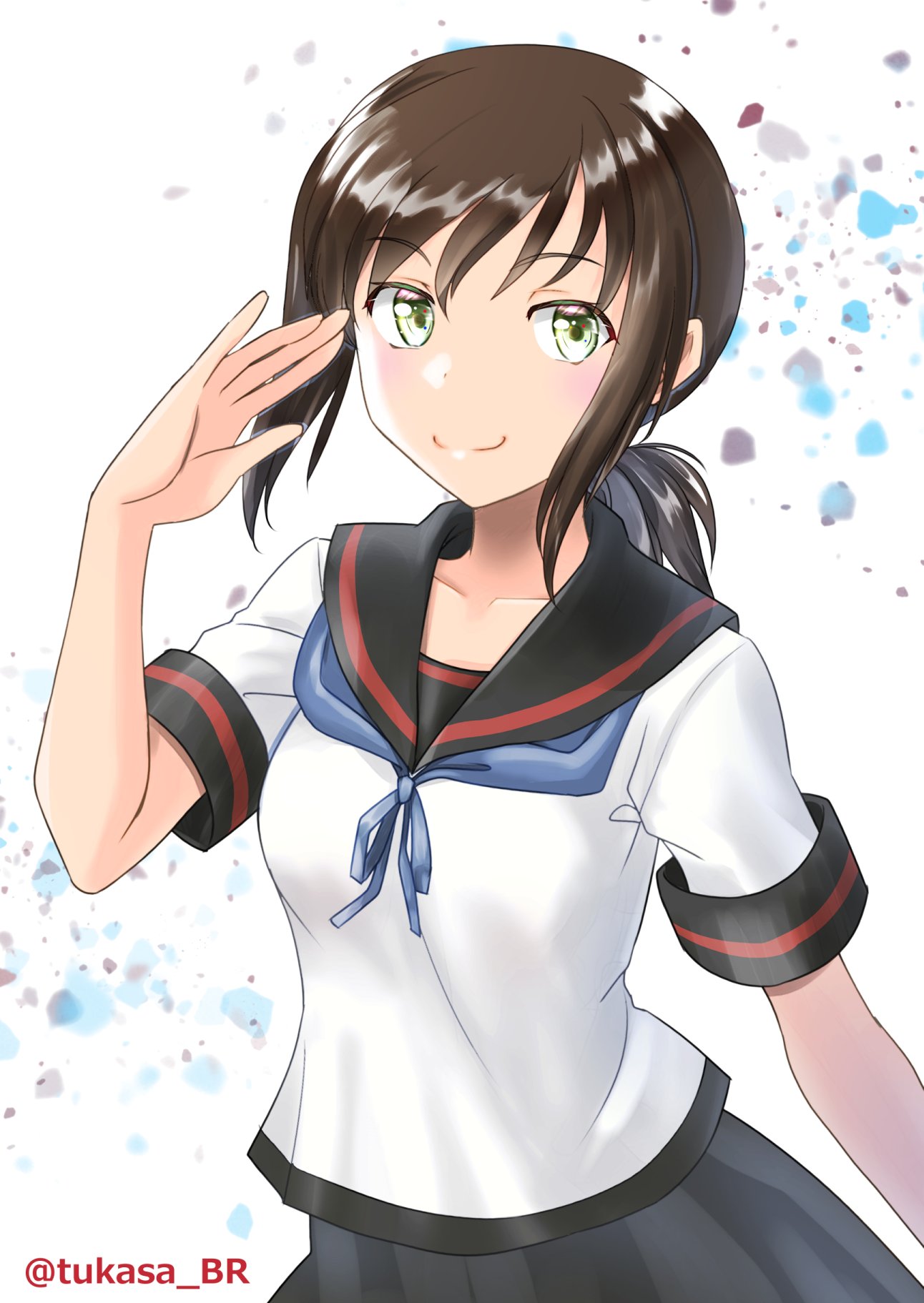 1girl black_hair black_sailor_collar black_skirt blue_neckerchief fubuki_(kancolle) fubuki_kai_ni_(kancolle) green_eyes highres kantai_collection low_ponytail medium_hair neckerchief pleated_skirt sailor_collar sailor_shirt salute shirt short_ponytail short_sleeves sidelocks skirt smile solo tsukasa_(tukasa_br) twitter_username upper_body white_background